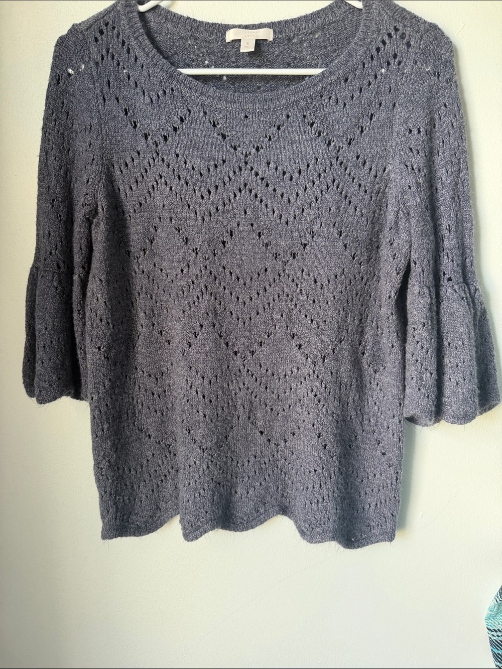 LC Lauren Conrad Gray Eyelet Knit Bell-Sleeve Sweater SZ S